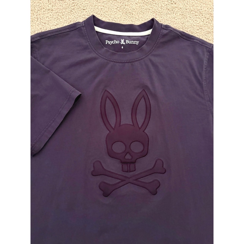 Psycho Bunny Mens T-Shirt Size 6 Large Purple Embossed Bunny Skull Logo Tee EUC